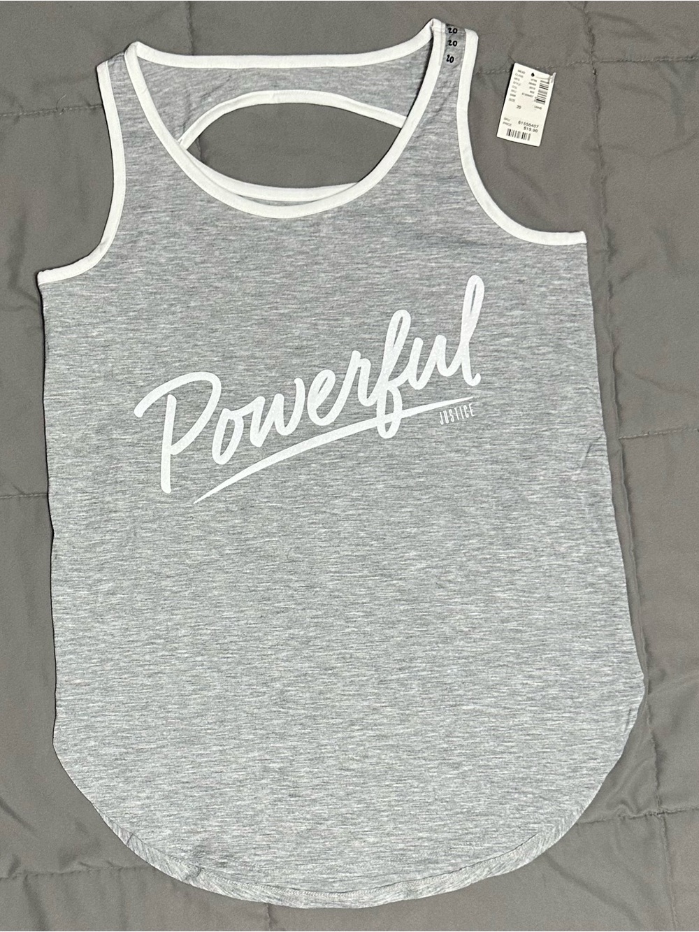 NWT Justice 'Powerful' Grey Tank with White Trim Sz 20